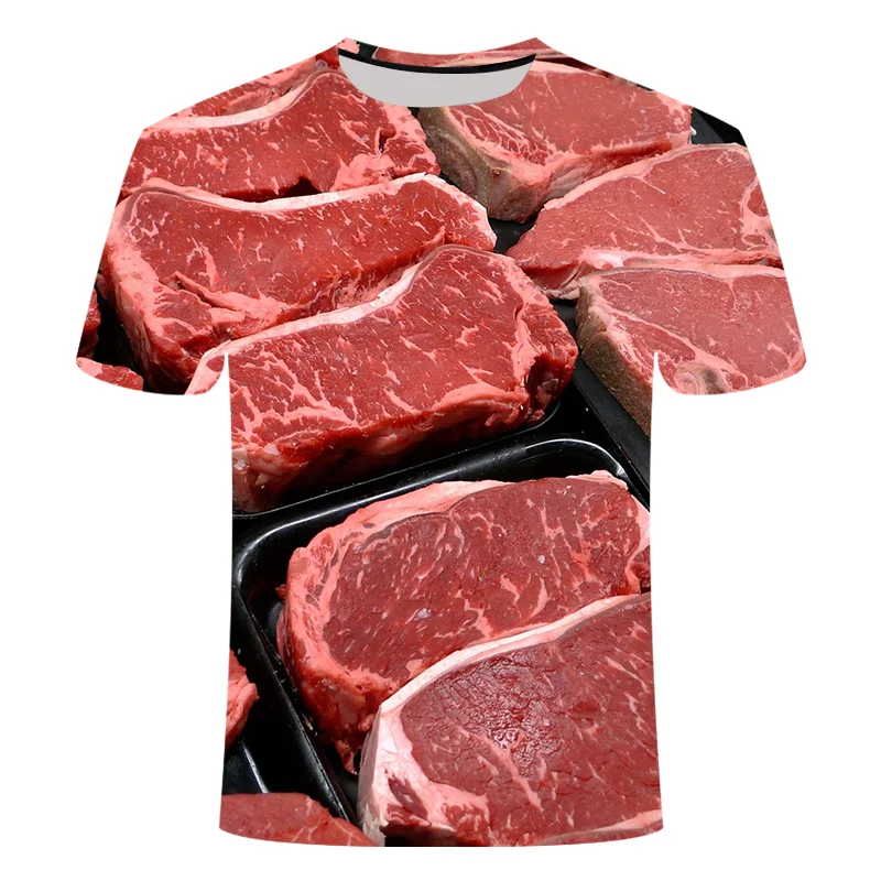 

Новинка 2021, футболка с 3D принтом вкусной еды, стейка, летняя повседневная футболка, футболки, брендовая Дизайнерская футболка с круглым выре...