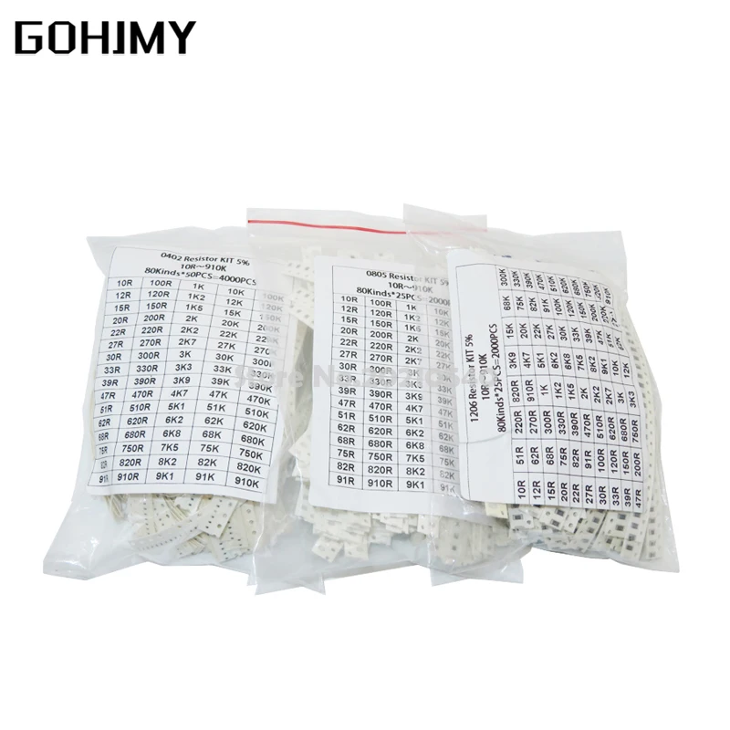 

200PCS 660PCS 720PCS 4000PCS 0402 0603 0805 1206 1210 2512 SMD Resistor Kit 10K 100K 1K 1R 100R 220R 1% 5% Assorted Kit