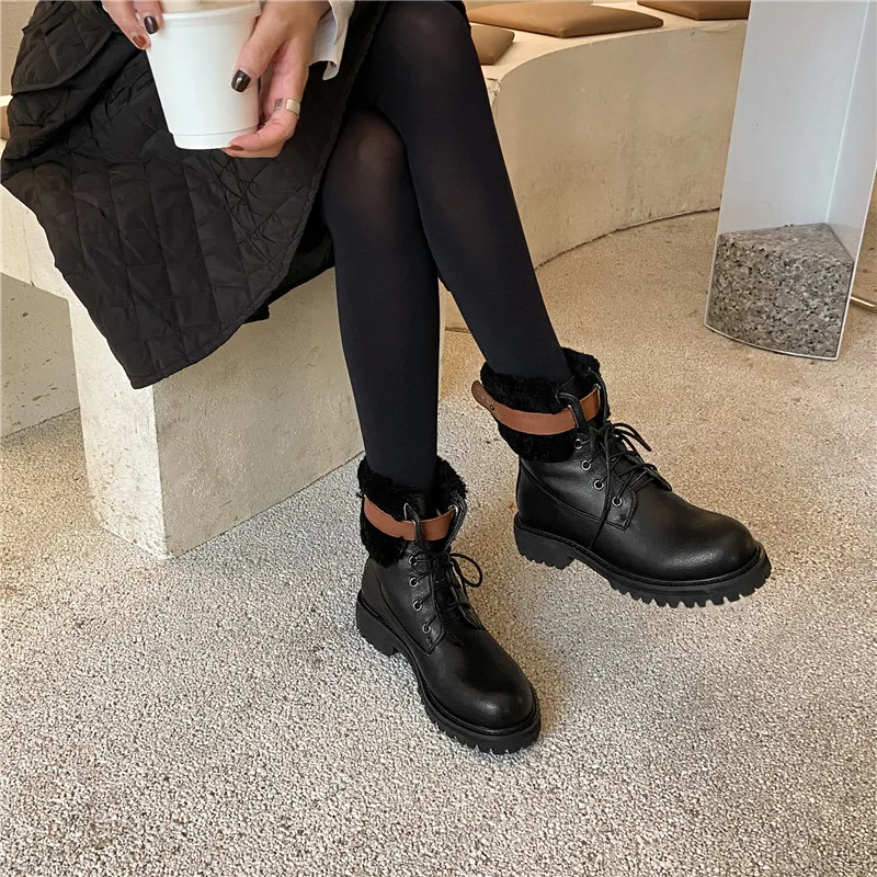 

MORAZORA 2021 New Arrival Women Boots Genuine Leather Boots Med Heels Round Toe Lace Up Winter Ankle Boots Black Apricot