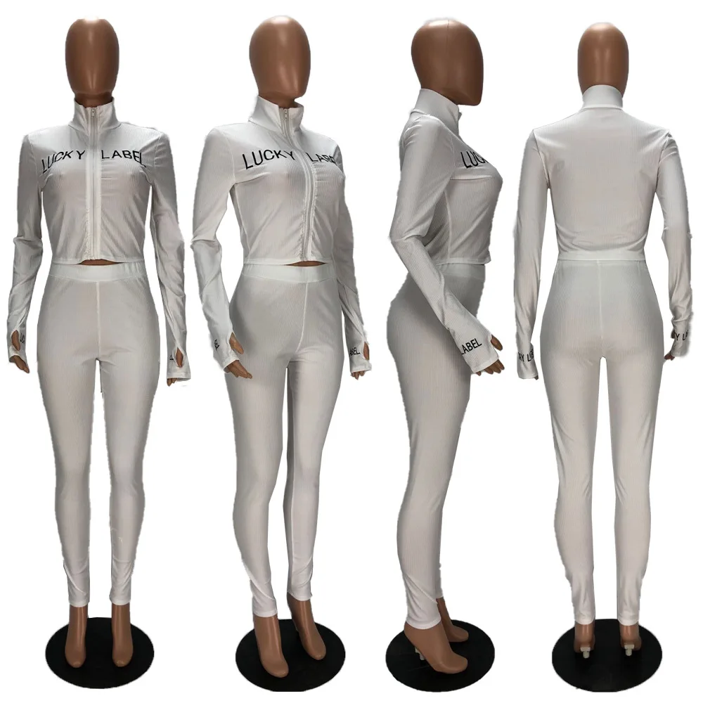 2021 Spring Autumn Knitted 2 Pieces Lucky Label Zip-up Tracksuit Long Pants Sets Long Sleeve Turtleneck Top and Leggings Winter