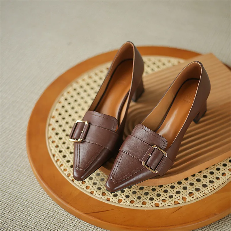 

Meotina High Heels Natural Genuine Leather Women Shoes Fashion Pointed Toe Pumps Buckle Thick Heel Office Ladies Footwear Beige