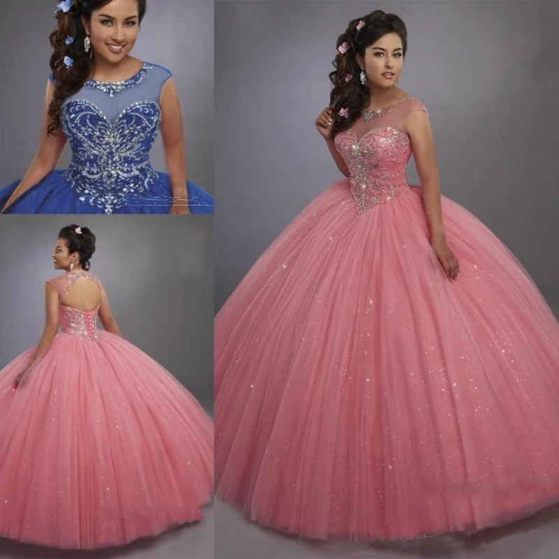 

Bling Bling Quinceanera Dresses Illusion Scoop Neck Lace Up Back Crystals Blue Sweet 15 Dress Pageant Gowns Party Dress