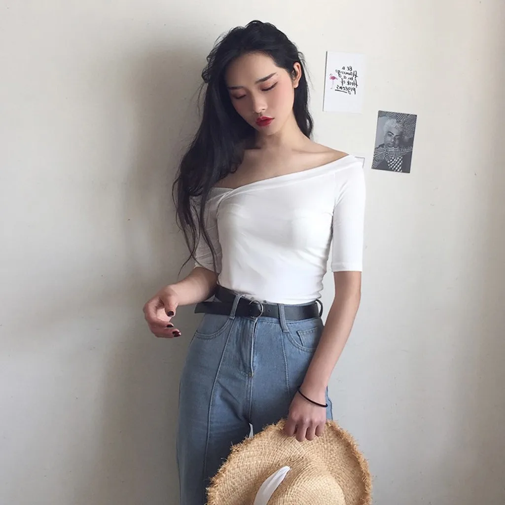 Женская футболка с косой шеей летняя ассиметричная крест короткий рукав