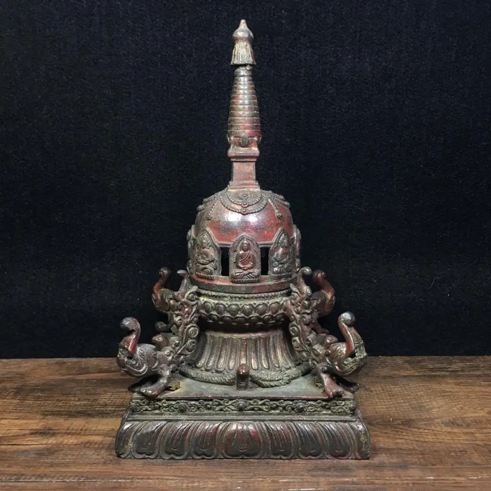 

Home Decor 9" Tibet Buddhism Old Bronze Cinnabars Buddhist stupa Sakyamuni Buddhism logo Enshrine the Buddha