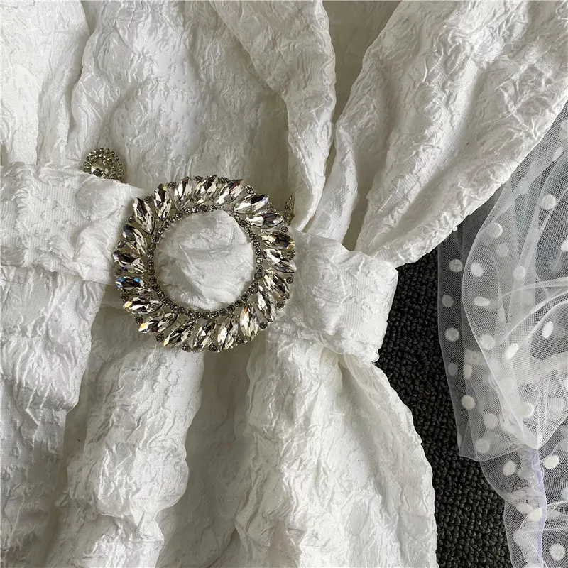 

2021 Spring Women New Style Fashion Notched Collar Patchwork Lace Puff Long Sleeve Belt Casual Slim Short Shirt