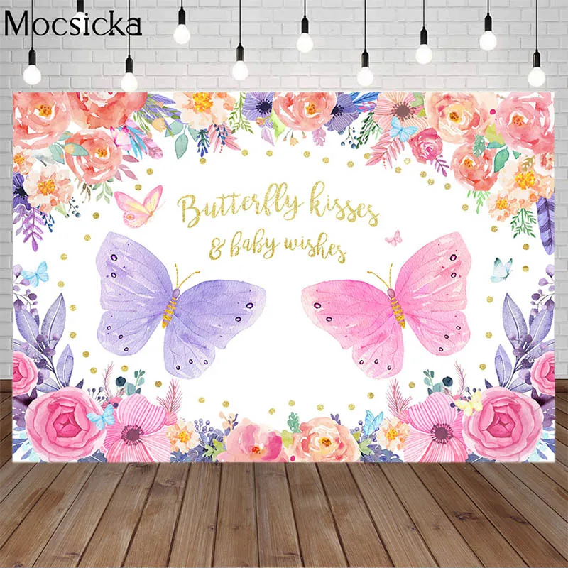 

Butterfly Kisses Baby Wishes Backdrop Fairy Princess Purple Pink Flowers Child Birthday Photo Background Cake Table Decor Banner