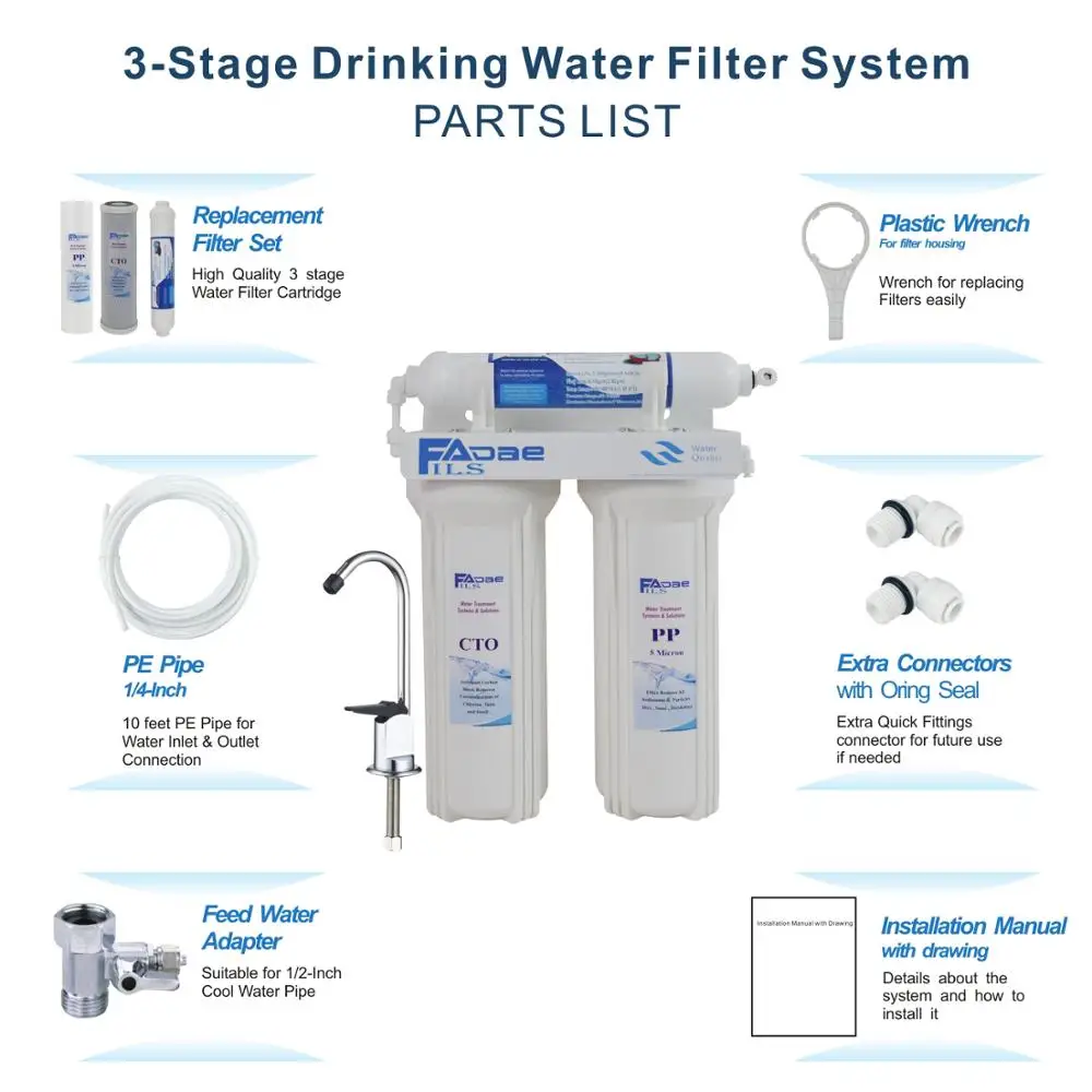 Простая и простая сборка для дома 3 ступенчатая система фильтрации воды под