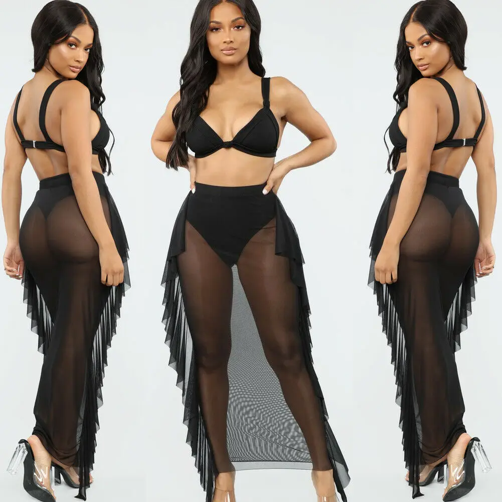 Women Package Hip Skirts Sexy Mesh Side Ruffles High Waist Bikini Cover Up Sheer Beach Long See-through Chiffon Swim Wear | Женская