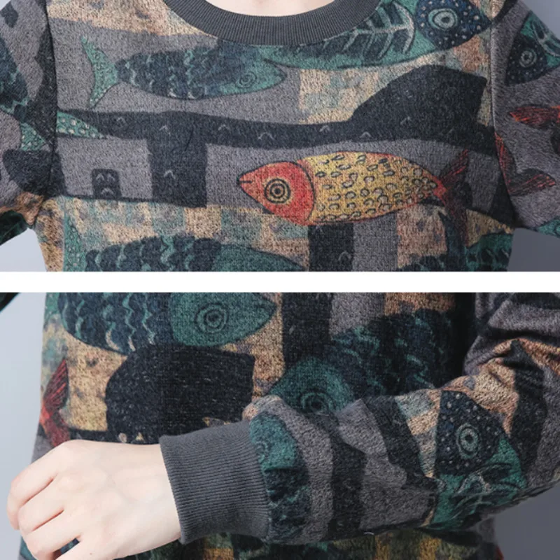 

#0845 Autumn Winter Casual Loose Dresses Women Plus Size Cotton Printing Tshirt Dress Female Long Sleeve Mini Dresses Female