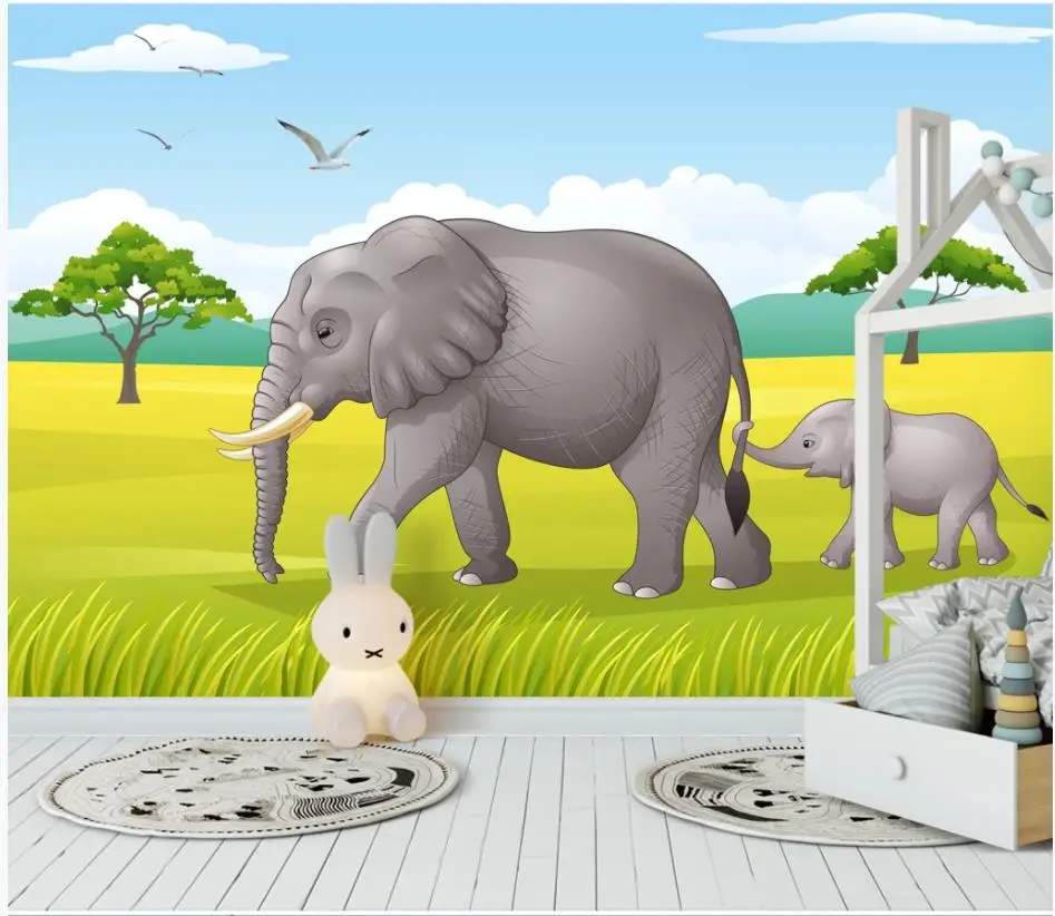 Custom photo wallpaper for walls 3 d Hand drawn cartoon elephant forest green fresh children's room background wall papers |