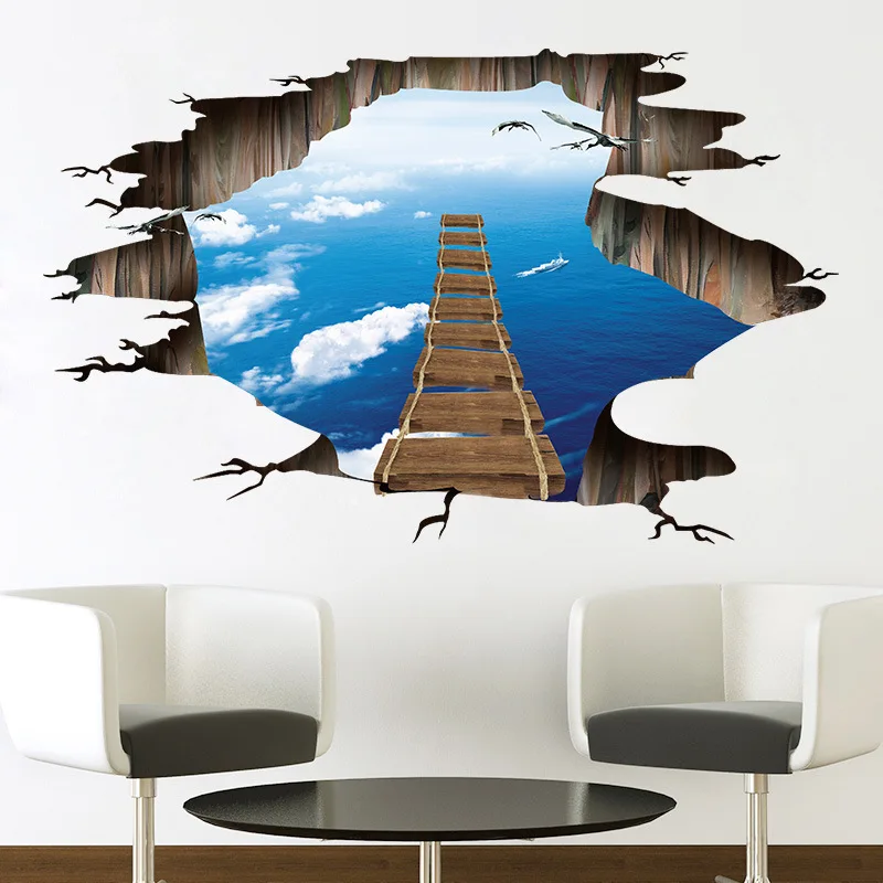 

3D Sky Ocean Broken Bridge Wall Sticker For Kids Rooms Home Decor Wall Paper Living Room Waterproof Art Floor Sticker PVC