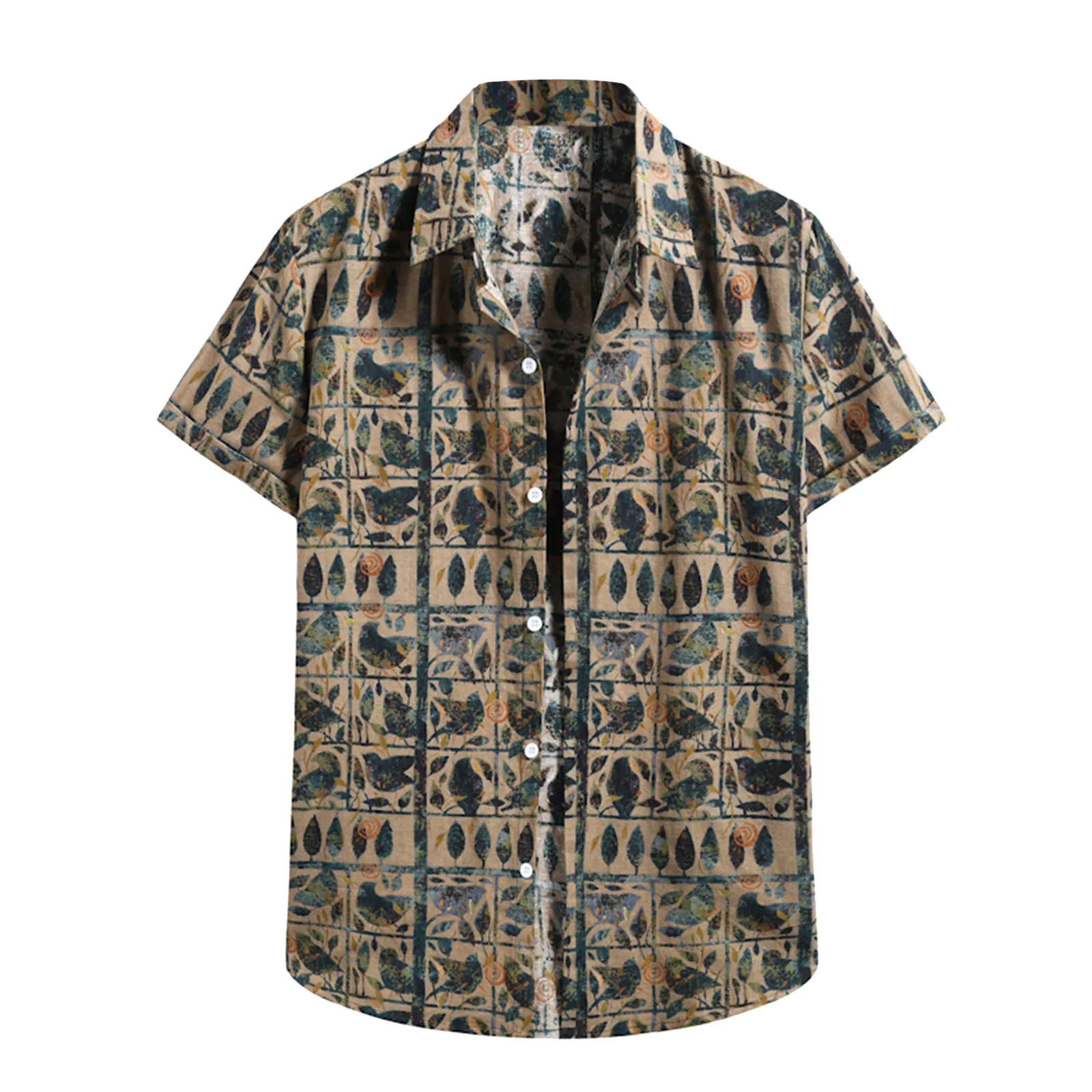 

Men's Casual Hawaiian Shirts Loose Bird Tree Printing Shirt Short Sleeve Turn Down Collar Tops Streetwear Button Quick Dry New
