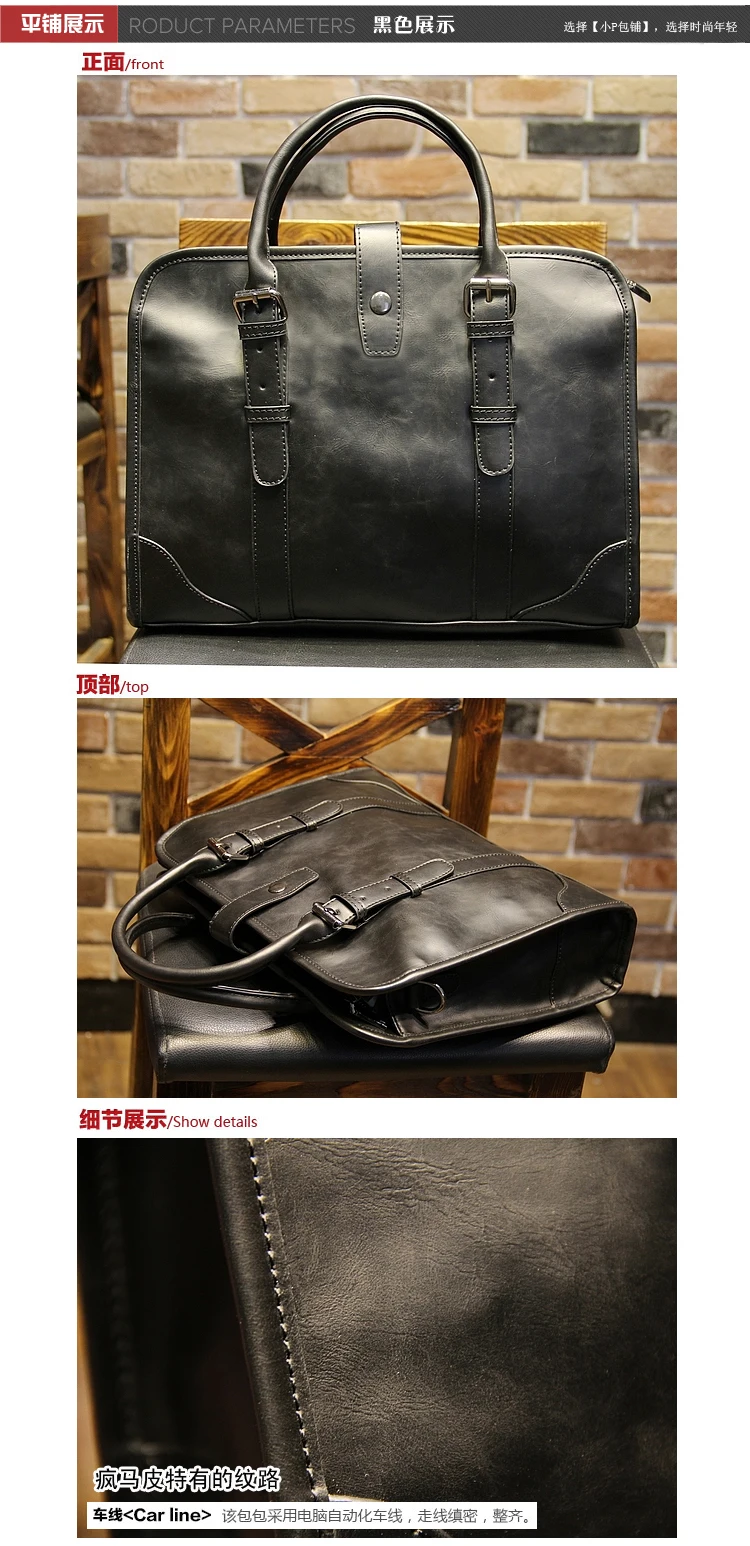 Искусственная кожа Crazy Horse мужской портфель Vintage14 дюймов Большая деловая сумка для ноутбука модная коричневая сумка через плечо