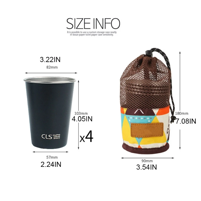 

4Pcs Stainless Steel Camping Tumbler Cup with Mesh Bag Picnic Drinking Glass Mug Q22F