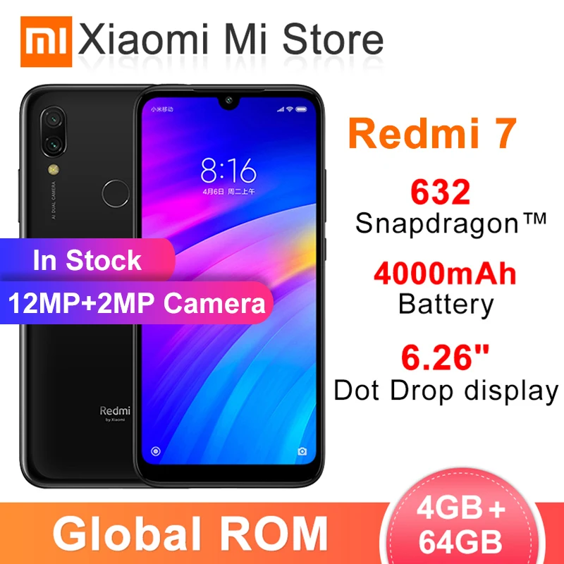 Глобальный Встроенная память Xiaomi Redmi 7 4 Гб 64 Гб мобильный телефон Snapdragon 632 Octa Core 6,26 дюйма, разрешение Full Экран 12MP Камера 4000 мА/ч, Батарея