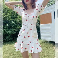 strawberry mini dress summer sweet kawaii girl fairy dresses for women puff sleeve bow square collar a line streetwears 2021 new