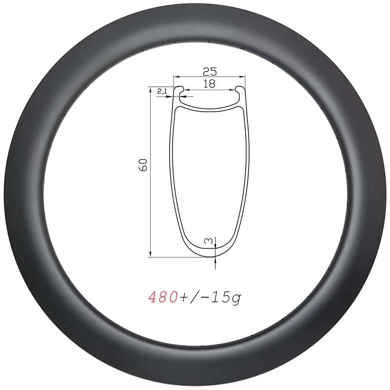 

480g Ultralight 60mm deep all road gravel carbon rims 700C clincher disc 25mm wide 18mm inner wide 16-32H UD 3K 12K matte glossy