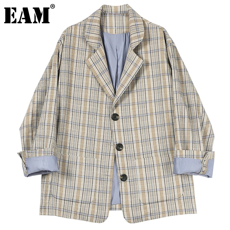 

[EAM] Women Blue Plaid Oversized Casual Blazer New Lapel Long Sleeve Loose Fit Jacket Fashion Tide Spring Autumn 2021 1DE1113