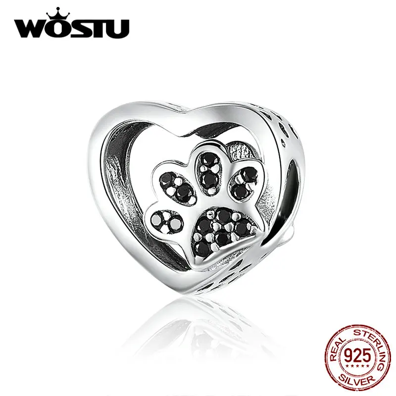WOSTU 925 пробы серебро сердце лапа собаки бусины черная эмаль Циркон Шарм Подходит браслет DIY ювелирных изделий BKC1191-BK
