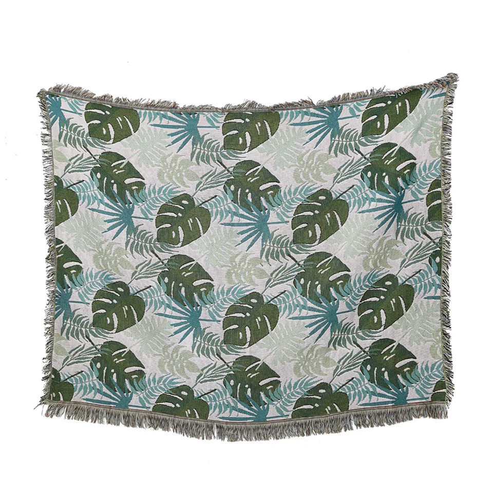 

Polyester Cotton Soft Tassels Sofa Cover Green Leaf Pattern Single Seat Sofa Towel Modern Sofa Cover Blanket Home Decor