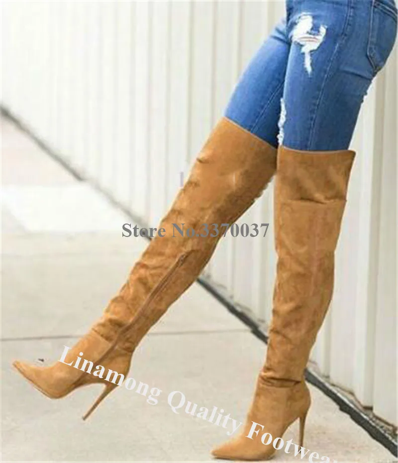 Брендовый дизайн заостренный носок замша кожа выше колена шпилька сапоги синий