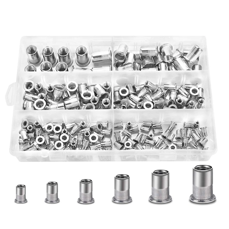 

200Pcs Stainless Steel Rivet Nuts Flat Head Threaded Insert Nutsert Rivetnut Assortment Kit M3/M4/M5/M6/M8/M10
