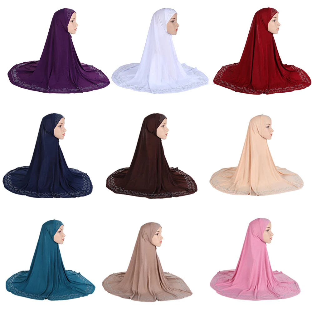 

New One Piece Amira Muslim Women Hot Drilling Overhead Hijab Khimar Scarf Pullover Prayer Hat Full Cover Hijabs Worship Service