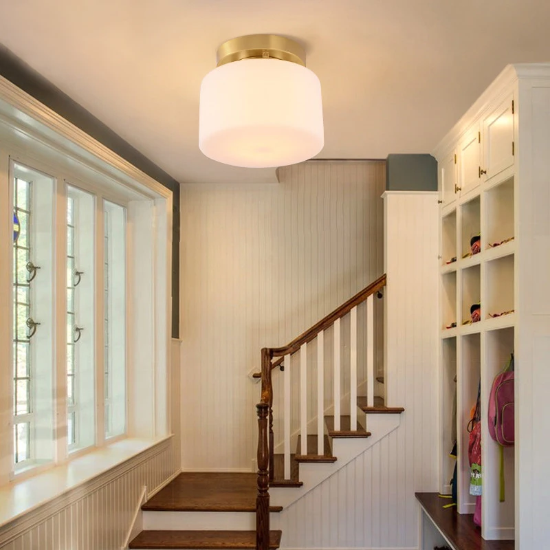 Beste Amerikaanse Stijl Echte Messing Plafondlamp Creatieve Gang Gangpad Plafondlamp Wit Frosted Glazen Kap Lampen En Lantaarns E27