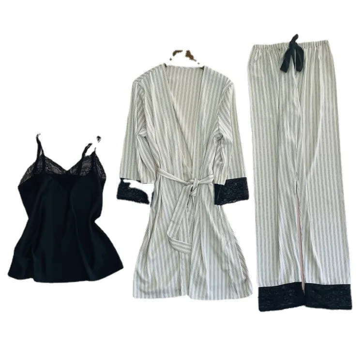 

Sexy 3PCS Sleep Set Satin Women Kimono Bathrobe Gown Loose Pajamas Intimate Lingerie Lace Sleepwear Striped Nightwear Pijamas