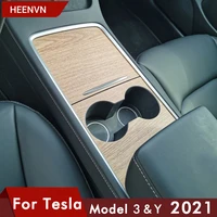 heenvn car central control panel sticker for tesla model 3 2021 wood center console accessories model y interior film wood grain