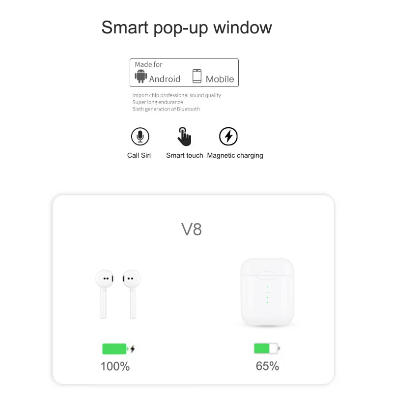 V8 TWS Bluetooth 5,0 беспроводные наушники сенсорные мини наушники с микрофоном для iPhone 6S X 7 8 samsung S6 S8 Xiaomi huawei LG