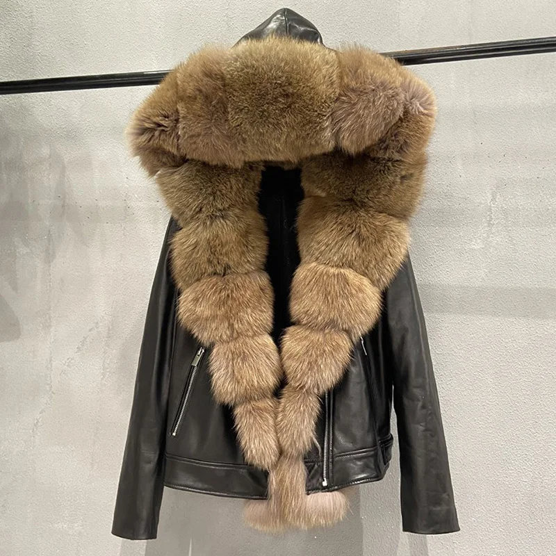 

Теплые куртки из натурального меха MotoWinter, Куртки из натуральной кожи с меховым капюшоном для женщин, Женская Толстая Шуба из натурального Л...