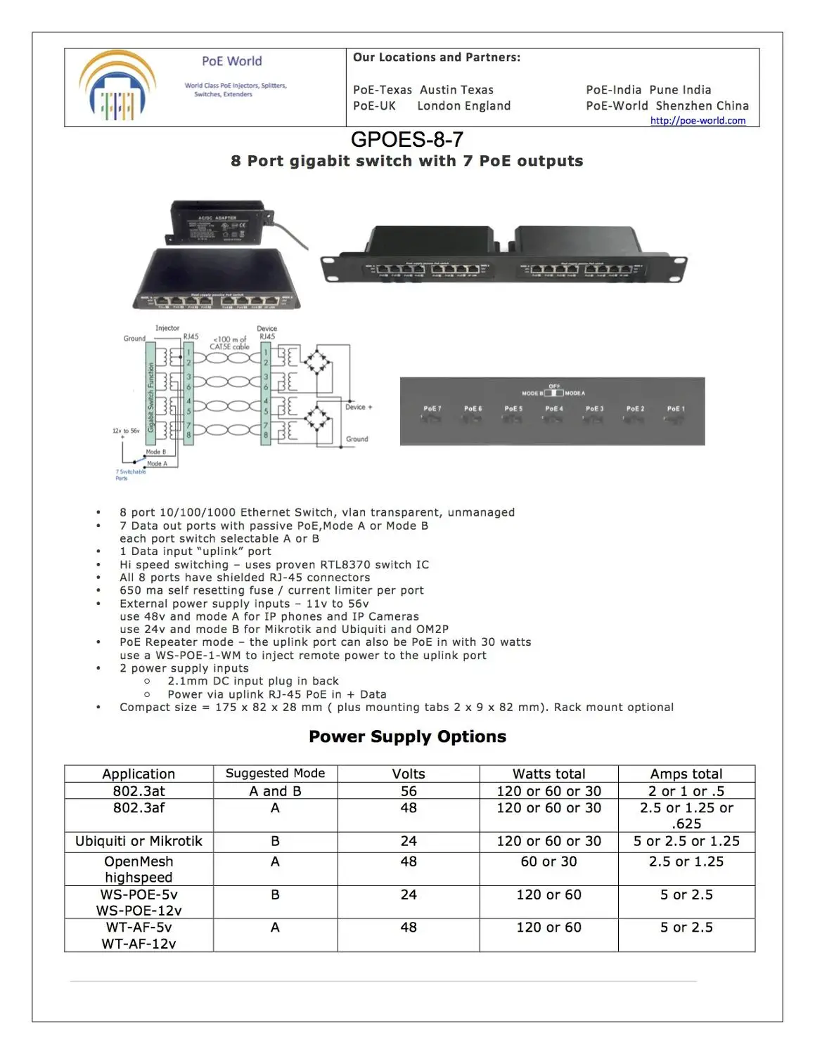 

PoE-World Passive power over ethernet 8 port Gigabit Ethernet PoE switch for Ubiquiti and Mikrotik with 48V120W power adapter