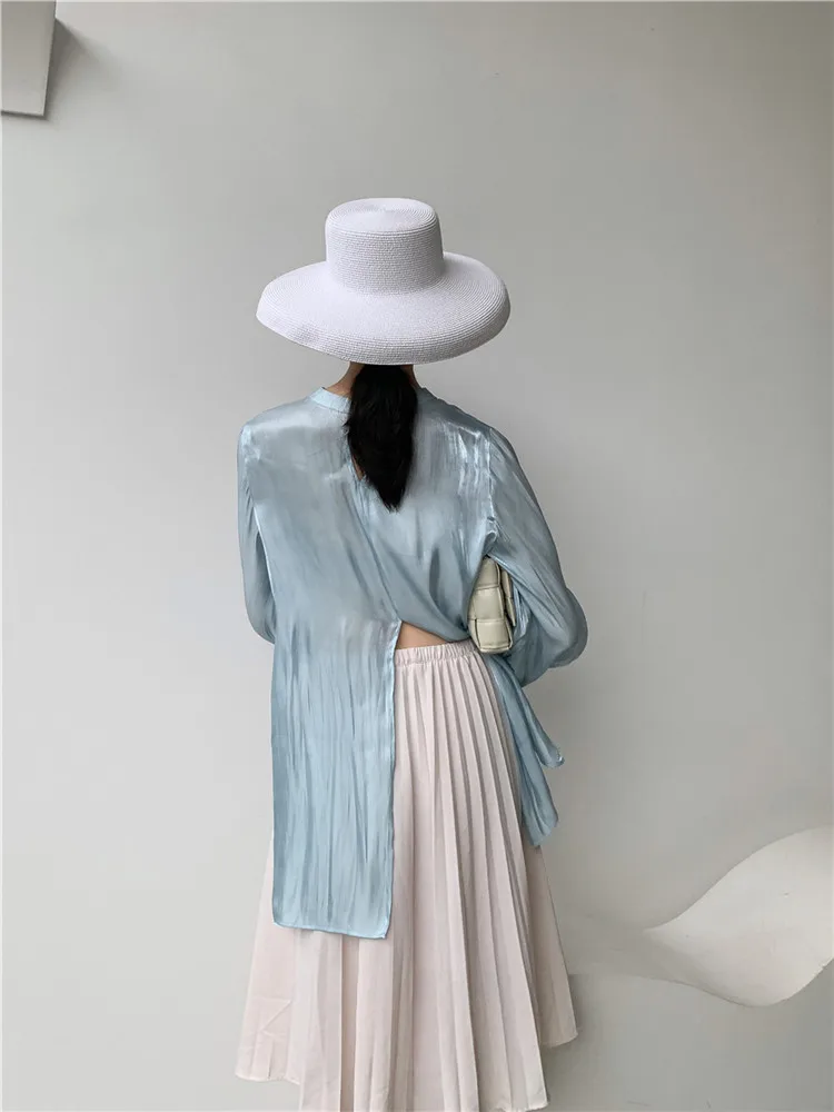 

2021 new spring multi-wear satin three-dimensional pleated irregular knotted shirt