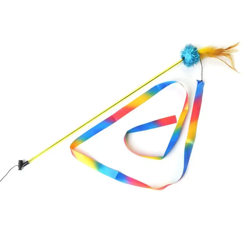

1 Piece New Cat Toy Wand Funny Colourful Cat Ribbon Wand Toys With Faux Feather Kitten Interactive Teasing Toy Pet Cats Supplies