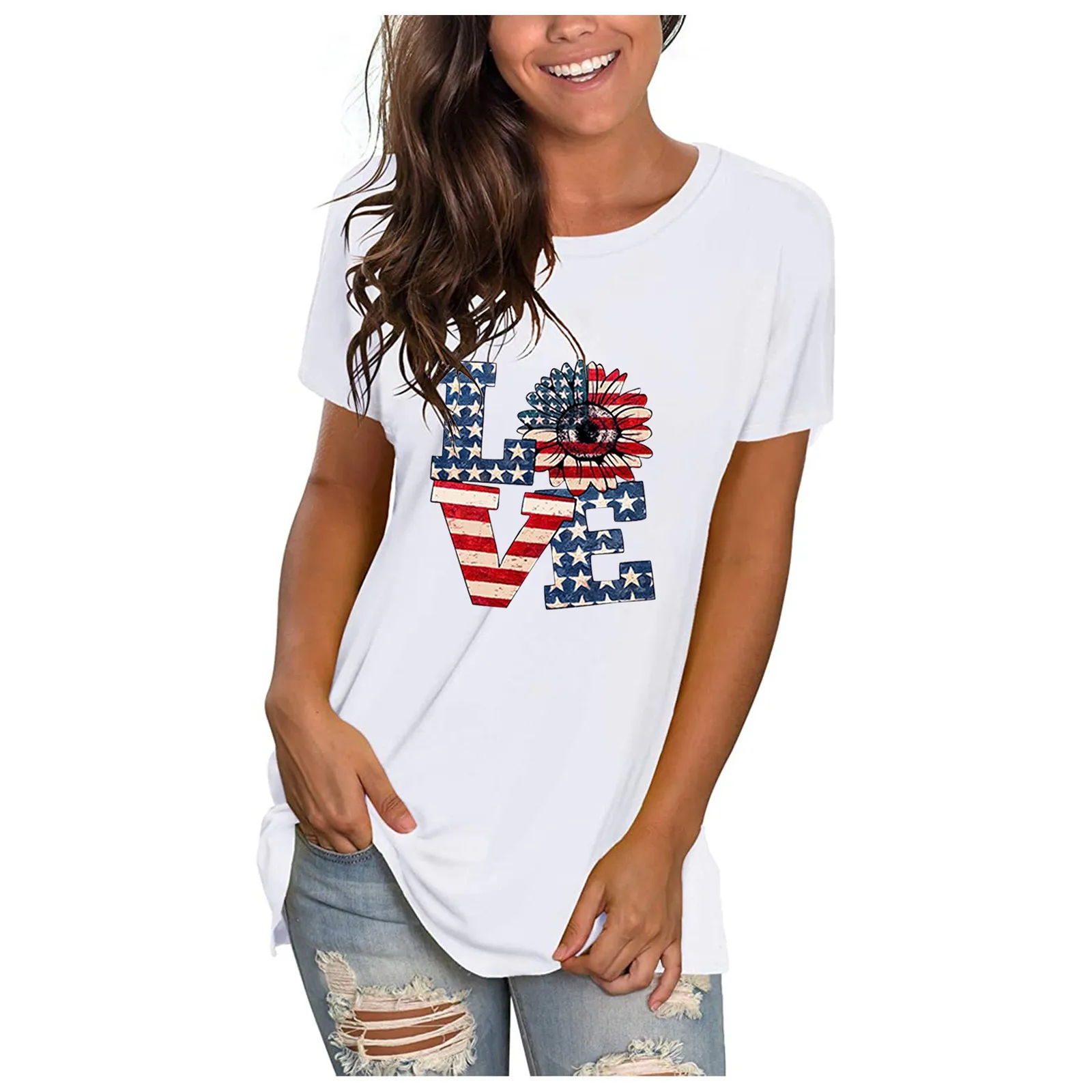 

Женская Повседневная футболка с принтом и круглым вырезом, свободная футболка с коротким рукавом, футболка на День Независимости, топы, оде...