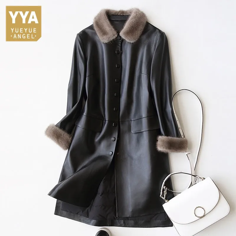 Женская длинная приталенная куртка офисное пальто из натуральной норковой кожи