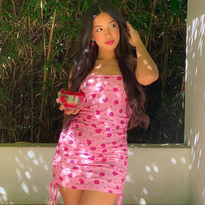 

DUAYR 2021 Summer Strawberry Print Pink Women's Dress Y2k Fashion Sexy Sweet style drawstring Camis Mini Casual Tight Dresses