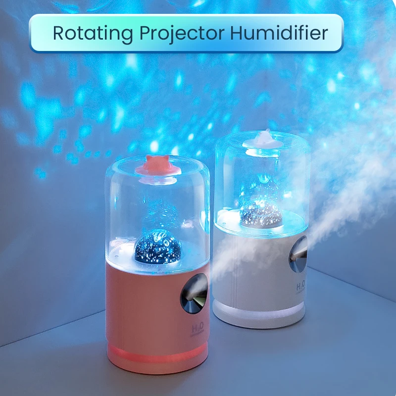 

Rotating Projector Humidifier 2 In 1 Air Humidifier Aroma Oil Diffuser Cool Mist Sprayer with Starry Projection Kids Night Light