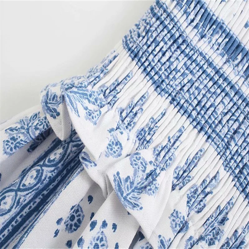 

2021 Summer Woman Spaghetti Straps Print Dress Women Backless Elastic Smocked Pleated Party Dress Vintage Ruffle Midi Dresses