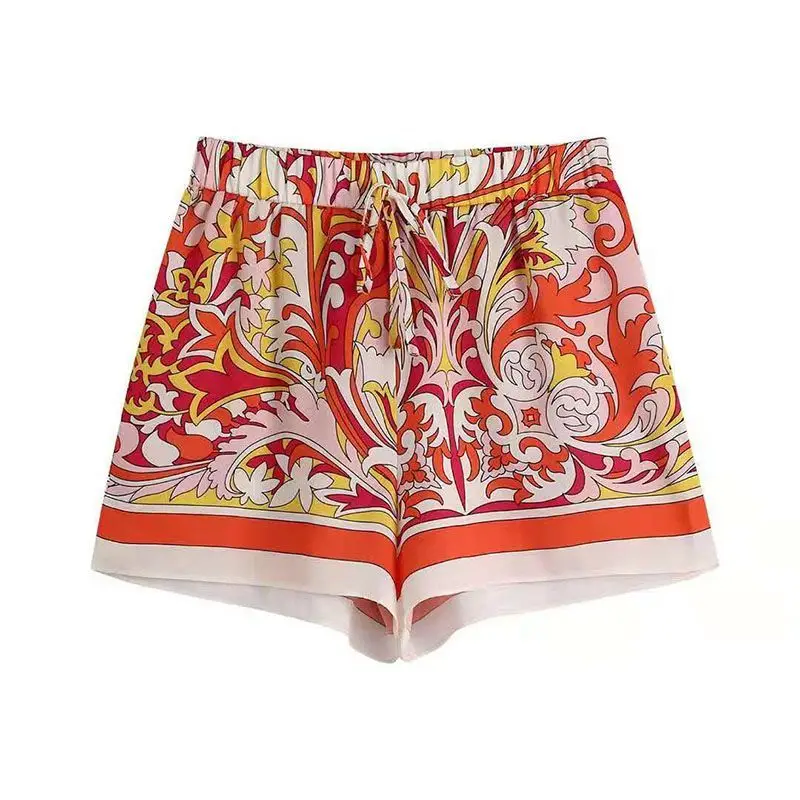 

Summer 2021 Women Beach Loose Casual Shorts Chic Fashion Totem Print Side Vents Vintage High Elastic Drawstring Woman Short