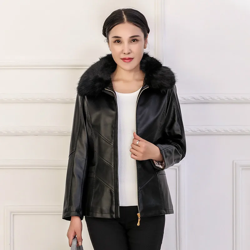 Женская зимняя куртка из ПУ кожи с воротником искусственного меха|Кожаные