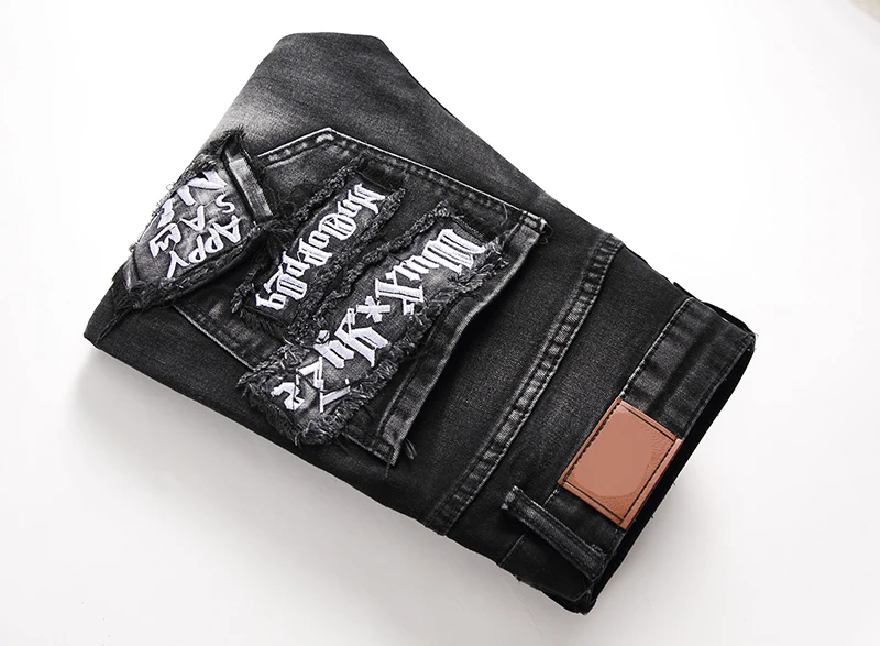 Fashion Streetwear Jeans Men Black Printing Embroidery Homme Ripped Heren Biker Stretch Pants Slim Male Casual Denim Trousers