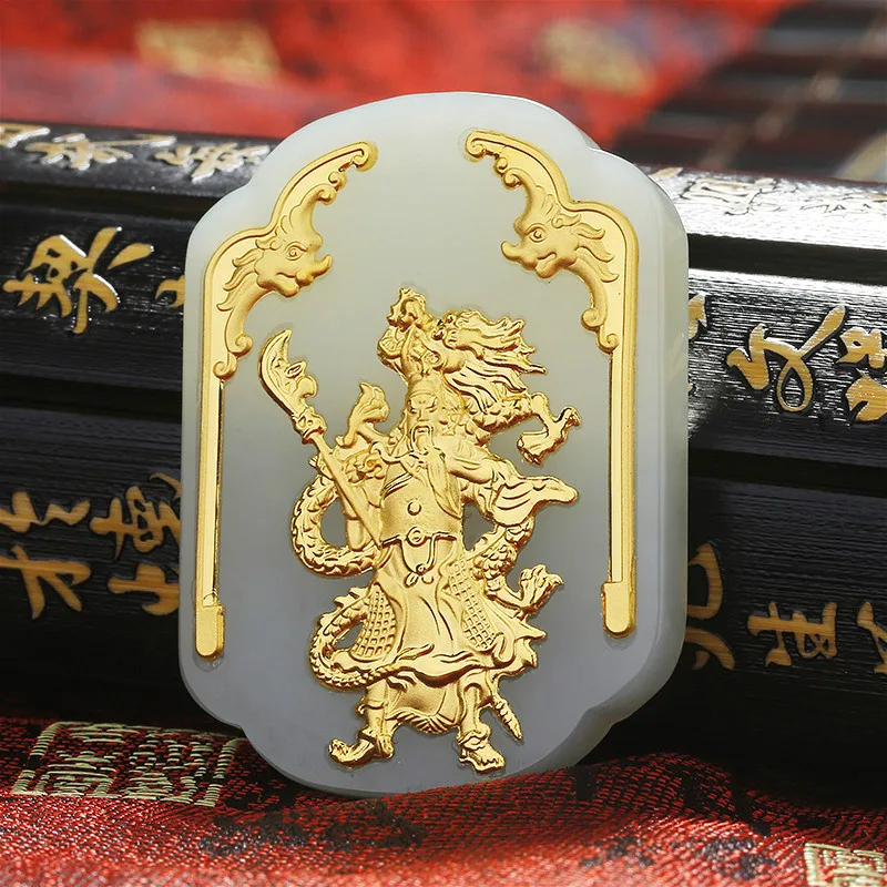 Натуральная китайская белая Нефритовая мозаика золотой кулон Гуань Юй Красивые