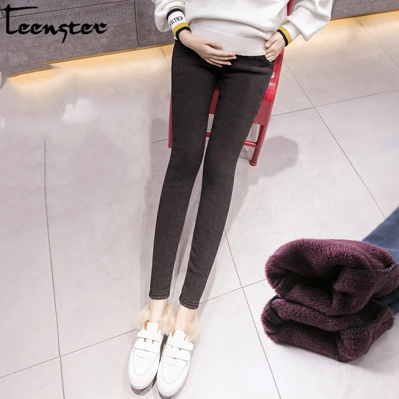Teenster зимние теплые флисовые джинсы для беременных джинсовые штаны Осенние