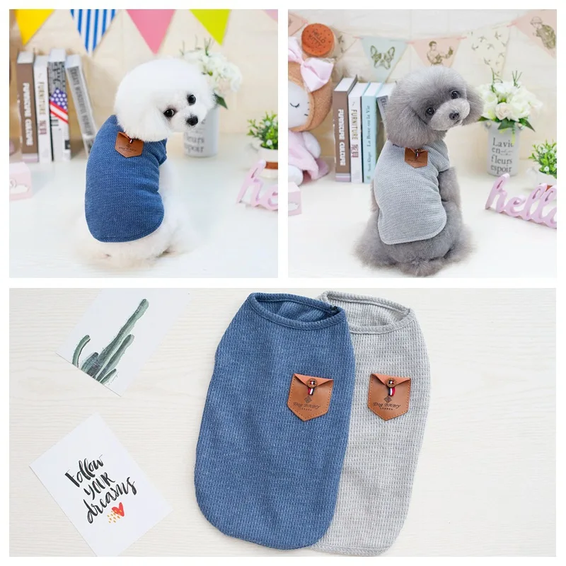 

Dog Vest Pet Dog Gray Solid Color Vest Little Pocket Accessories T-shirt Breathable Teddy Puppy Clothes In Spring And Summer