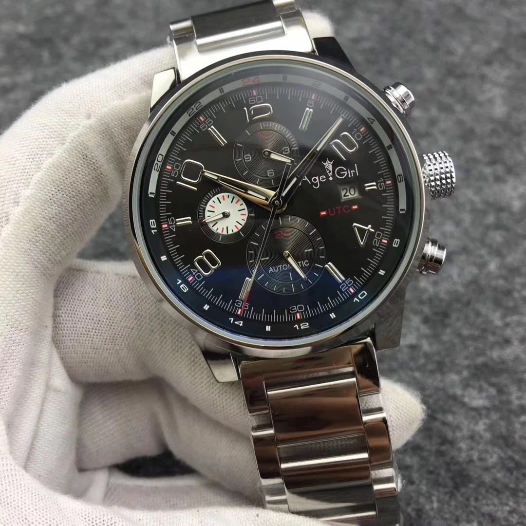 

Classic Men Automatic Mechanical Watches Stainless Steel Black Leather Luminous Calendar Sapphire Glass UTC Limited AAA+
