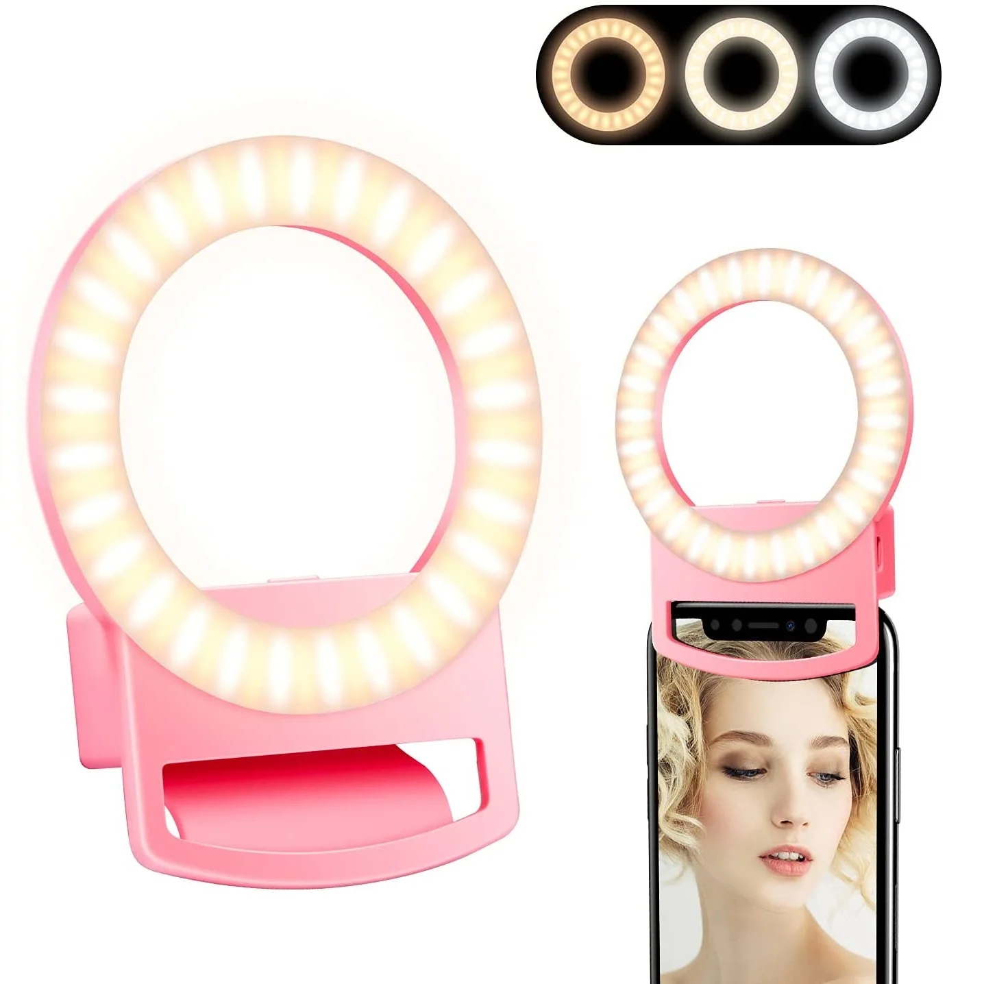 LED Selfie Ring Light Clip with 3 Light Modes & 3 Adjustable Brightness Levels for Phone Makeup Photography & Videos & Liveshow