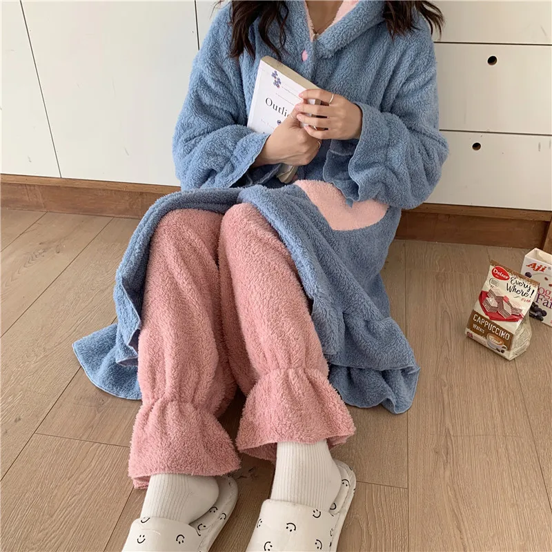 

Милый женский халат с капюшоном, теплая бархатная ночная рубашка кораллового цвета, свободный домашний халат, одежда для сна, интимное бель...