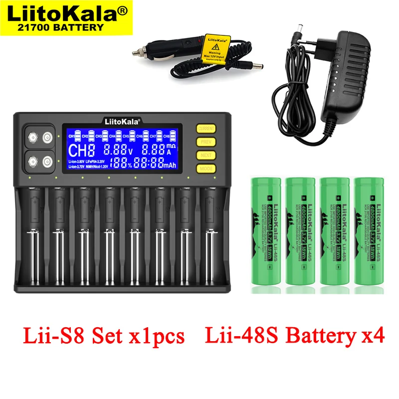 

LiitoKala Lii-S8 Battery Charger for 3.7V 18650 Li-ion 1.2V AA NiMH 3.2V Li-FePO4 + Lii-48S 21700 4800mAh Rechargeable batteries